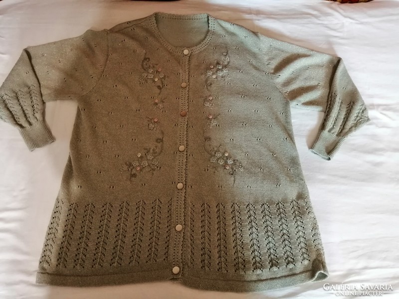 48-A knitted, women's cardigan, sweater, coat, solidly woven with thin shiny thread