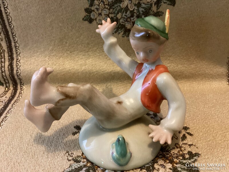 Herend marked porcelain figure of a boy frightened by a frog