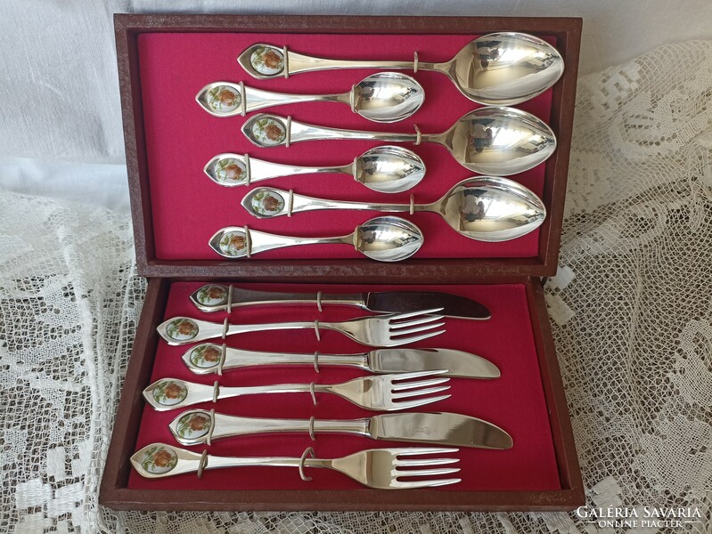Porcelain rose insert, silver-plated cutlery set (12 pieces)