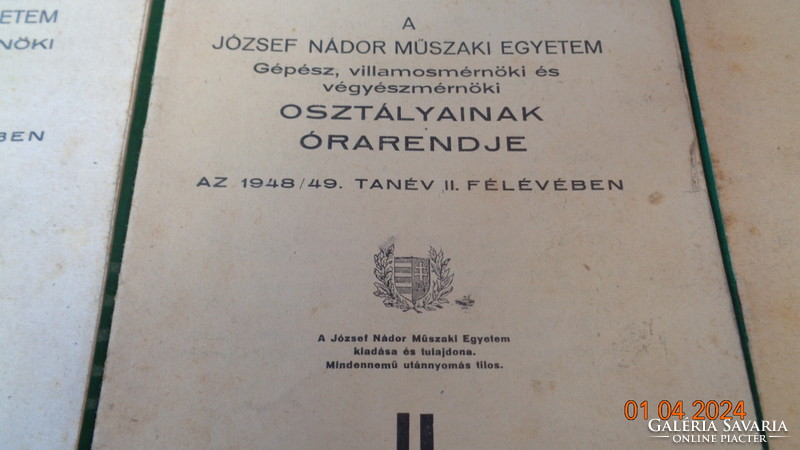 József Nádor Műszaki Egyetem ,  órarend  1948 - 1949 évi