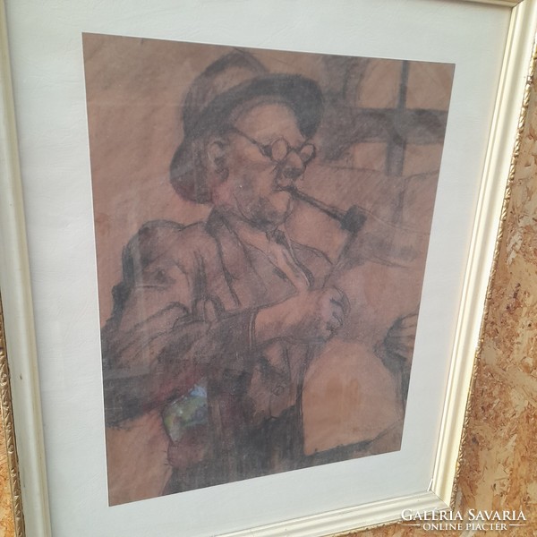 Painter from Nagybánya - Ester farkas - graphics - old man smoking a pipe