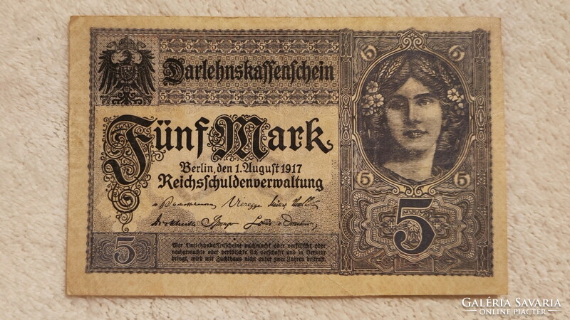 1917-es német 5 márka (Darlehnskassenschein, VF+) | 1 db bankjegy