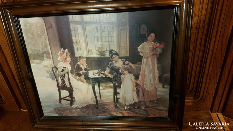 XIX. Century scene, table party, painting reproduction, in a massive new wooden frame
