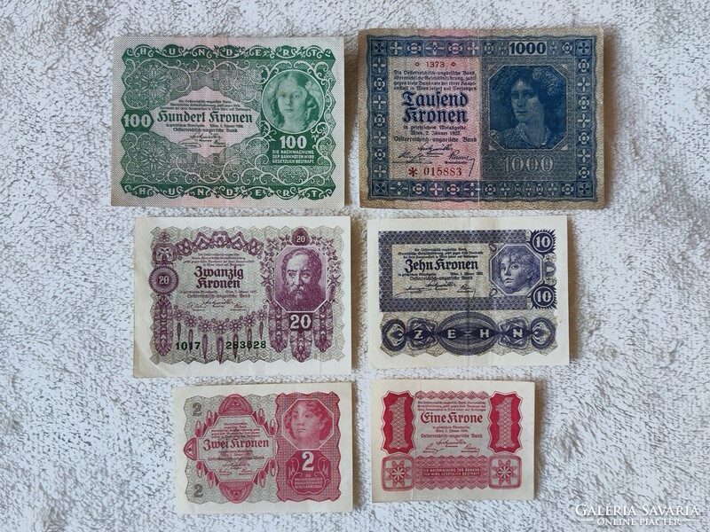 Osztrák korona sor (1922) – 1, 2, 10, 20, 100, 1000 (VF) | 6 db bankjegy