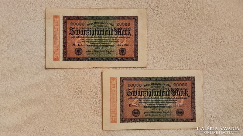1923-as 20000 birodalmi márka (VF) – Német weimari köztársaság | 2 db bankjegy