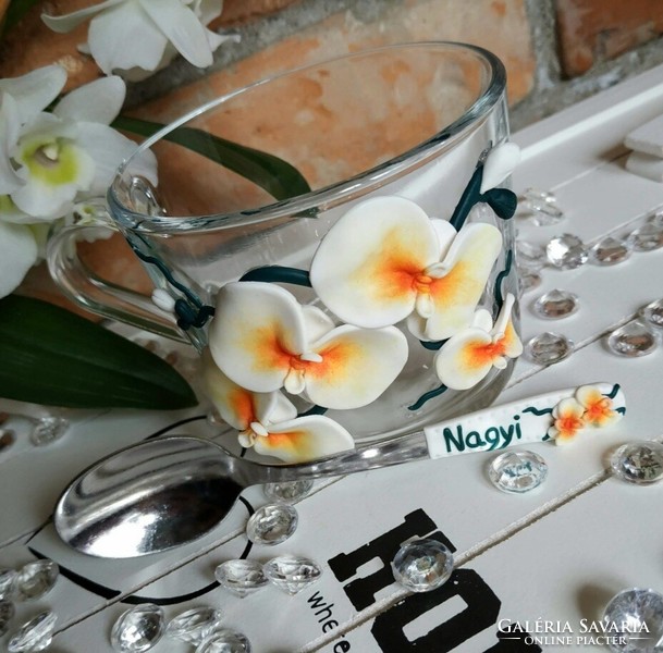 Orchideás csésze és kanál, váza szett