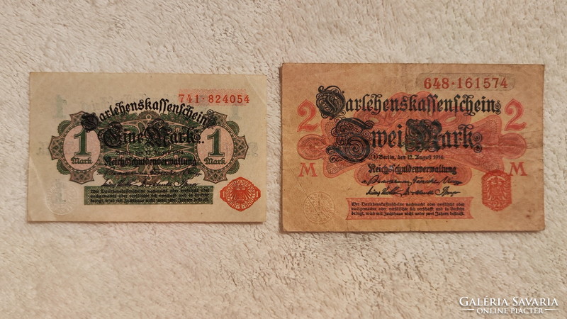 1914 1 and 2 stamps (darlehnskassenschein, vf) | 2 banknotes