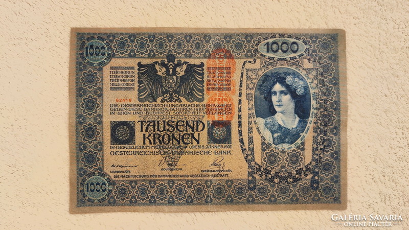 OMM 1000 korona, 1902 (VF++) osztrák, DÖ felülbélyegzéssel | 1 db bankjegy
