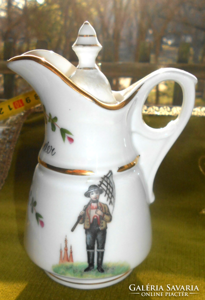Rare hand-painted jug with original lid - coffeehouse thick, heavy porcelain.