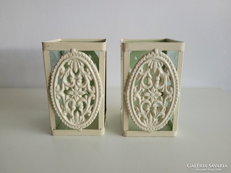 2 Glazed metal candle holders with cast metal decoration, outdoor garden decoration