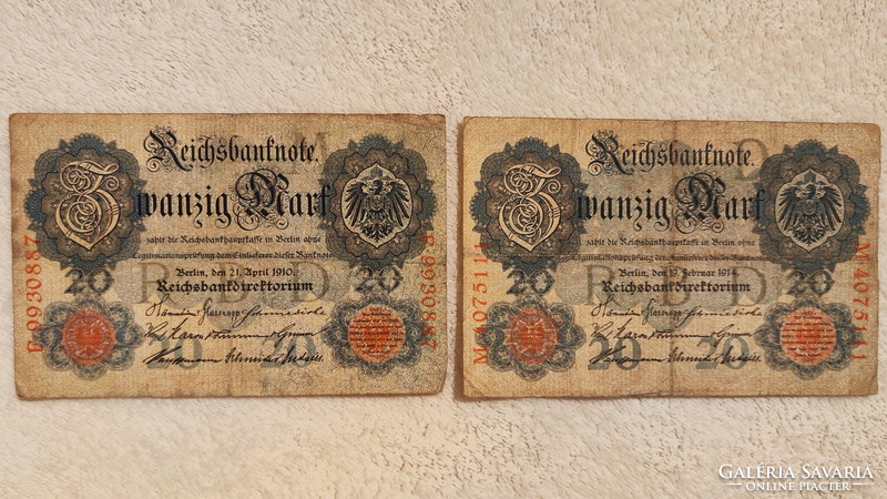 1910-es és 1914-es 20 birodalmi márkások (VF-F) | 2 db bankjegy