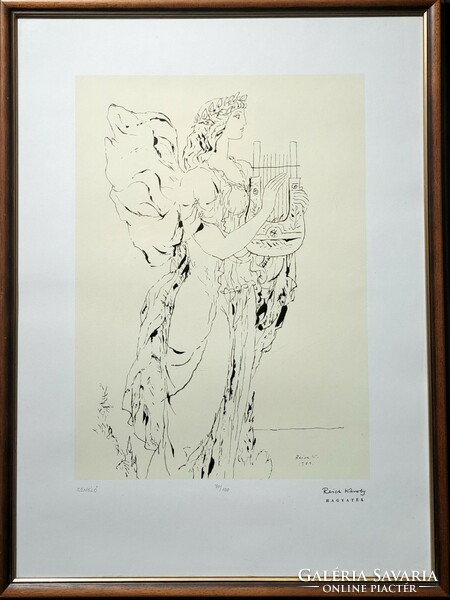 Károly Reich: angel playing music (screen print in frame) - from a legacy - art gallery, 1980s