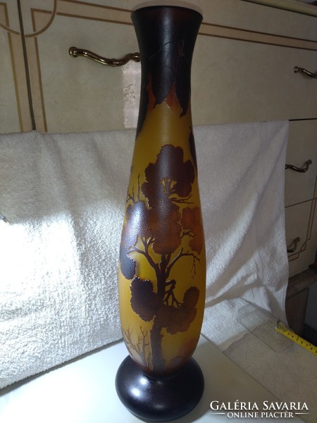 Gyönyörű hatalmas fa és madár mintás Tip Gallé váza padló váza 56 cm magas