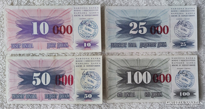 Bosnia, overstamped dinar row, siege of Sarajevo, 1993 (ef-) | 4 banknotes