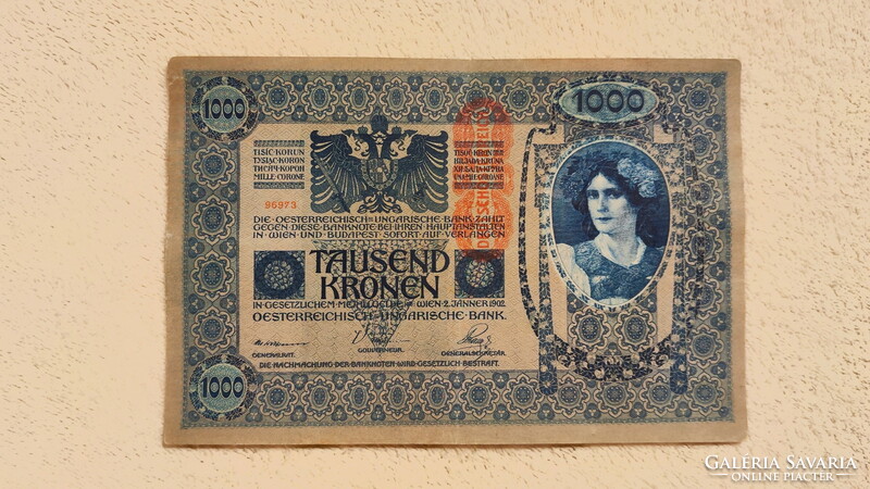OMM 1000 korona, 1902 (F) osztrák, DÖ felülbélyegzéssel | 1 db bankjegy