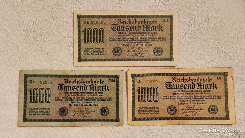 1922 1000 marks (yellow, white, green paper, f+) – Weimar Republic | 3 banknotes