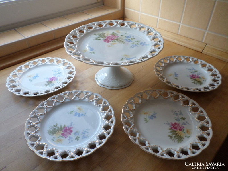 Antique art nouveau Austrian openwork porcelain stand with 4 small plates
