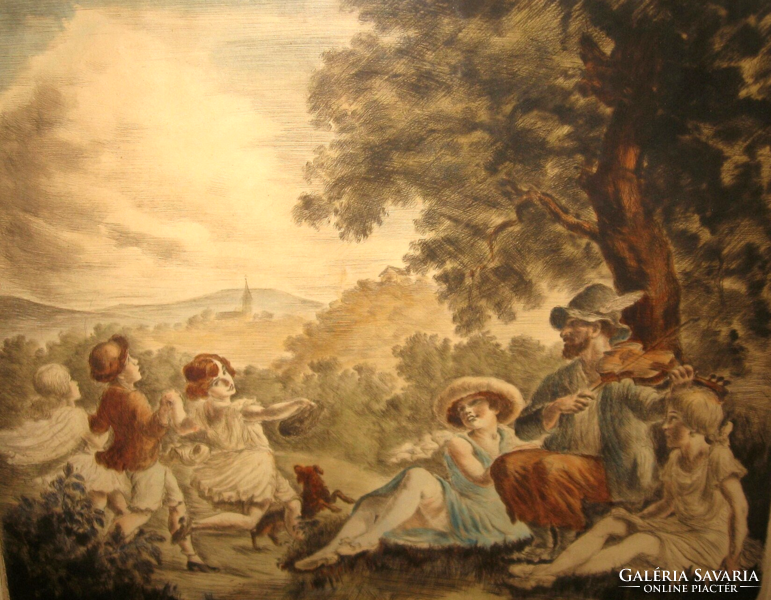 István Csodás Rimaša / 1891-1956 / : picnic colored etching