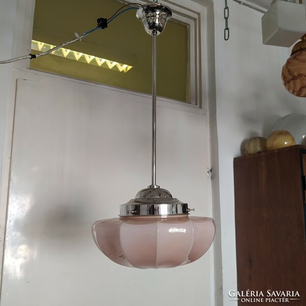 Refurbished art deco nickel-plated ceiling lamp - articulate pink hood