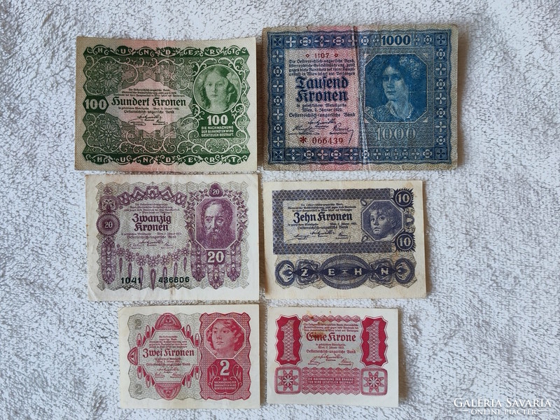 Austrian crown series (1922) – 1, 2, 10, 20, 100, 1000 (vf-) | 6 banknotes