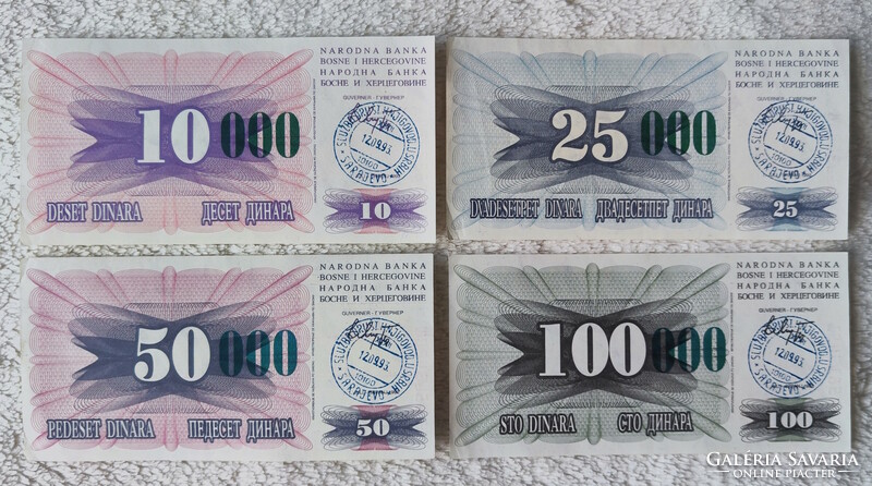 Bosznia, felülbélyegzett dinár sor, Szarajevó ostroma, 1993 (EF-) | 4 db bankjegy