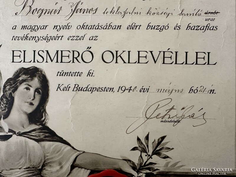 Julián-Iskola Egyesület elismerő oklevele levélzáróval 1940