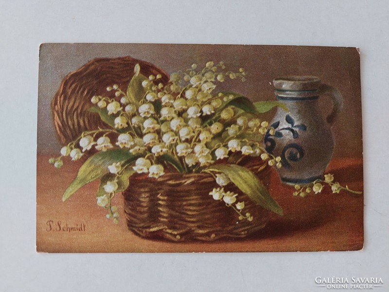 Régi virágos képeslap gyöngyvirág csendélet P. Schmidt 1913