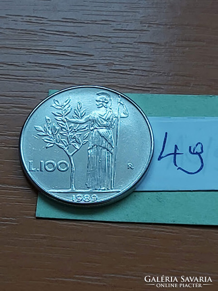 Italy 100 lira 1989 r, Minerva (Roman goddess) olive branch, stainless steel 49