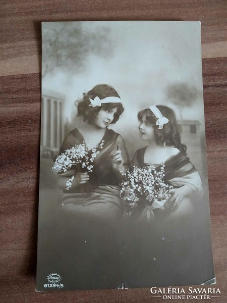 Antik fotó képeslap, kislányok, használt