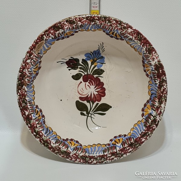 Hódmezővásárhely, colorful lace pattern, floral, white glazed folk ceramic wall plate (2996)