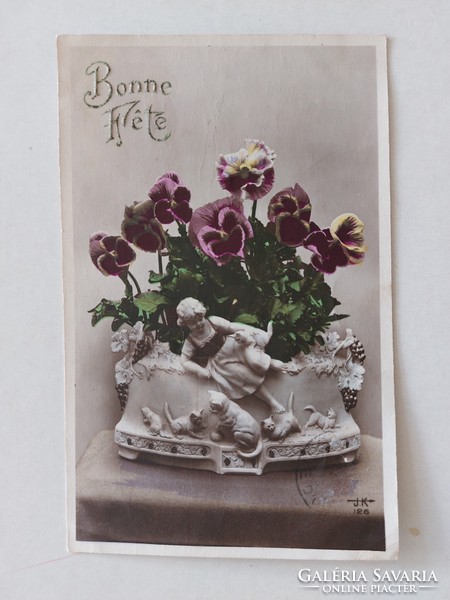 Old floral postcard little girl kittens pansy