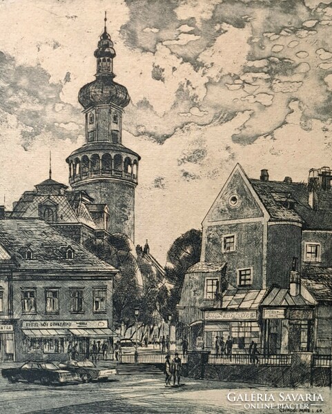 Máté Csurgói: fire tower in Sopron, 1969 (etching) cityscape, street view 1960s