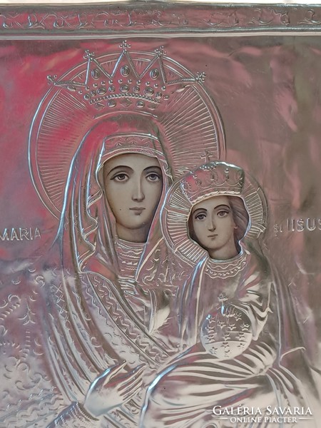 Metal icon, paper with image of Saint Mary with Jesus