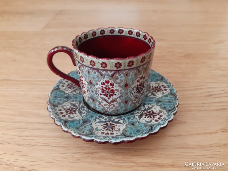 Zsolnay eosin-stained coffee cup with coaster 1897-1898