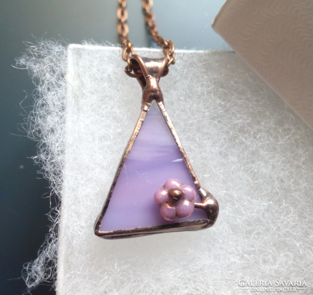 Purple glass jewelry pendant with drops of flower pearls