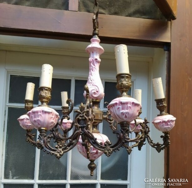 Wonderfully elegant antique pink porcelain, copper chandelier
