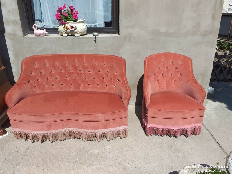 Antique girl's sofa and armchair, powder-colored velvet, flawless