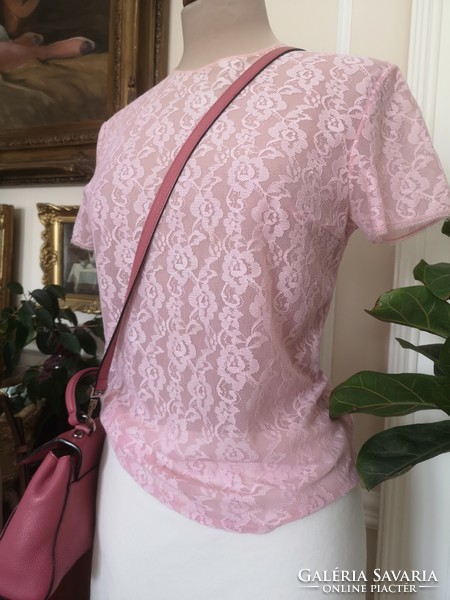 38-40 true vintage baby pink lace blouse 1970