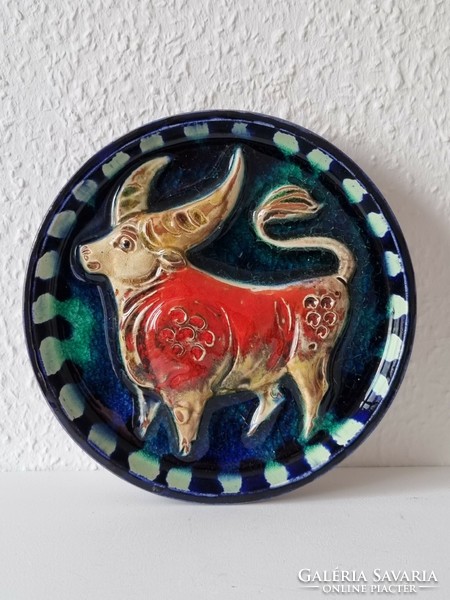 German Karlsruhe zodiac majolica wall decoration with colored glass glaze and embossed pattern - 60s