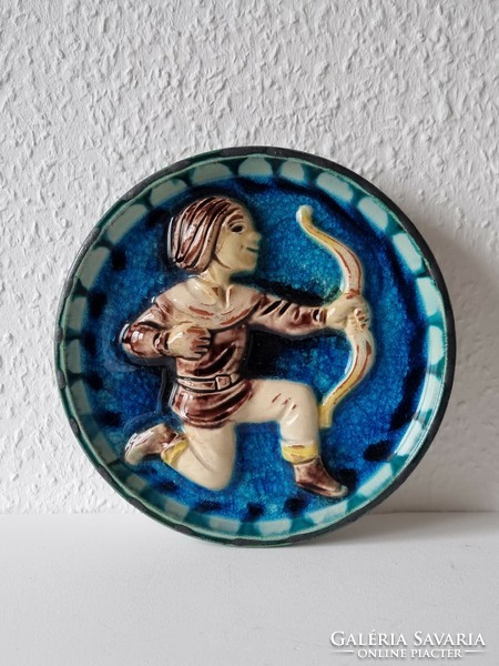 German Karlsruhe zodiac majolica wall decoration with colored glass glaze and embossed pattern - 60s