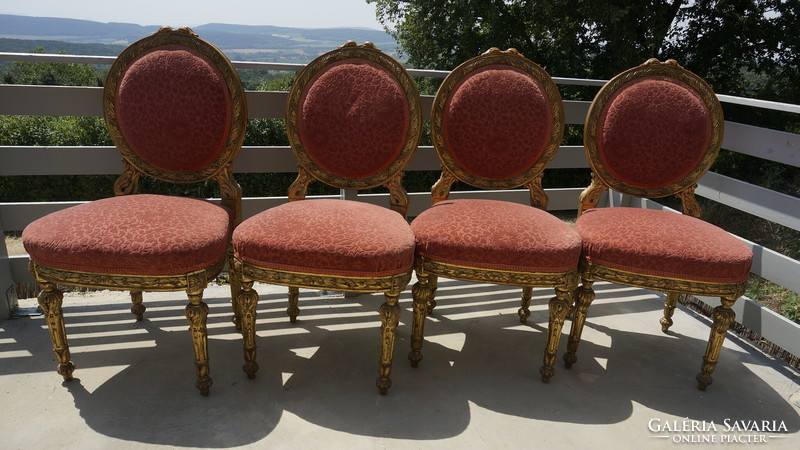 Antique, richly carved, gilded Art Nouveau table and 4 chairs