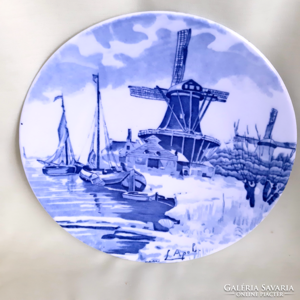 Delft porcelán dísztányér, kék- fehér, holland porcelán,  hajó, vitorlás, tenger jelenetes ( nagy)