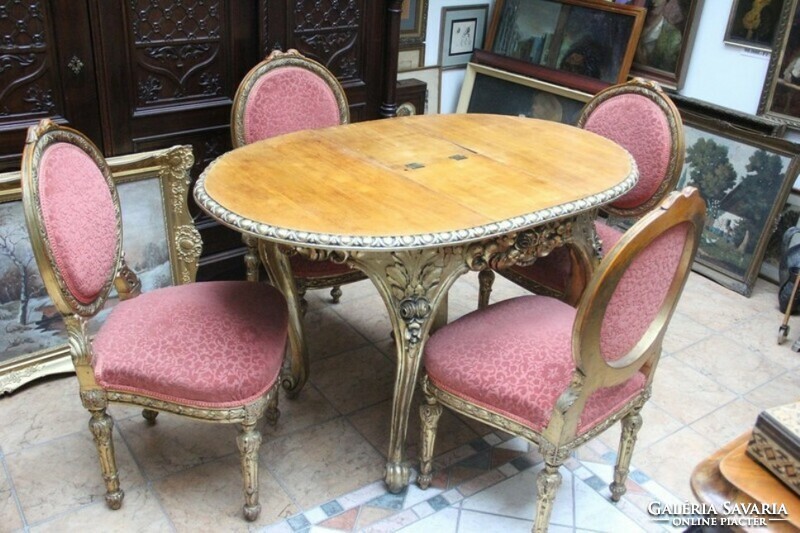 Antique, richly carved, gilded Art Nouveau table and 4 chairs