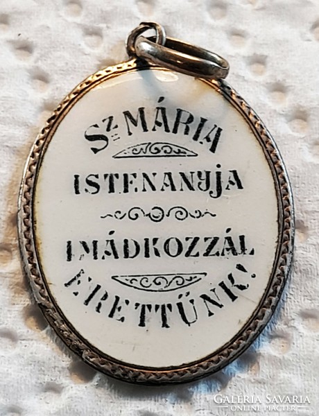 Antique Hungarian enamel Mary pendant with silver frame
