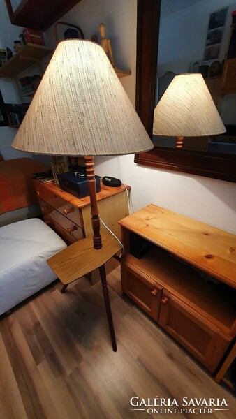 Folding carpentry floor lamp. Old, made of wood. With a huge, santung textile lampshade.