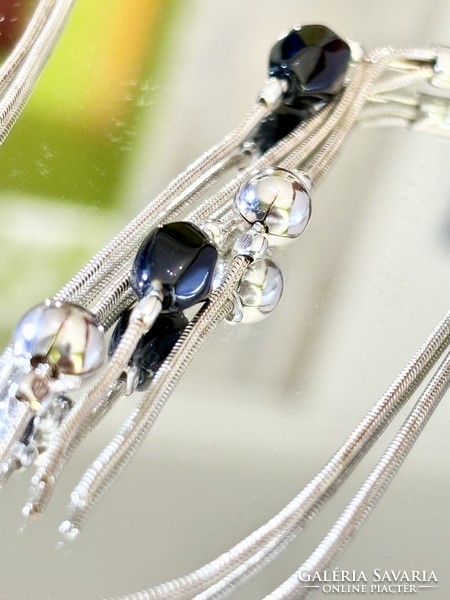 Pompázatos dupla soros ezüst nyaklánc, Onix függőkkel