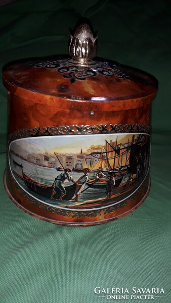 Old beautiful scene metal cocoa ornament box with crown handle 14 x 12 cm as shown in the pictures