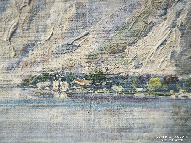 Antik tàjkép festmény Gyönyörűen megfestett Olaj vászon kép tengerszem.Osztràk , Svàjc