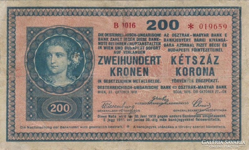 200 korona 1918 "B" sorozat . Nagyon ritka Restaurált