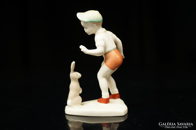 Old aquincum porcelain boy with bunny / figurine / rabbit / retro old